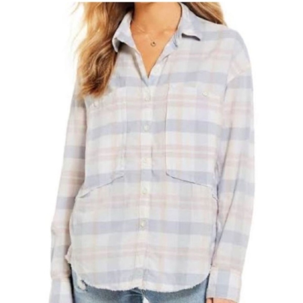 Free People Loveland Plaid Flannel Button Down Shirt Pink Pastel Raw Hem